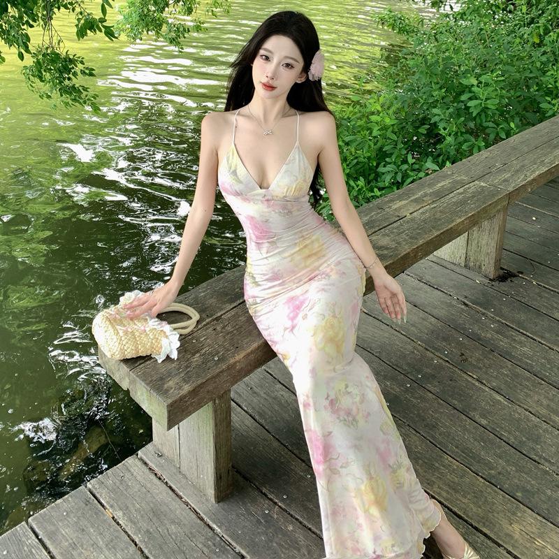 Французское Романтическое Цветочное Платье на Бретелях Женское Талия Хомутом Воротник Бедра Обертывание Путешествие Отпуск Платье Рыбий Хвост S