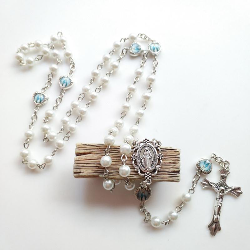 Pink Pearl-Rosary Beads Catholic Necklace Holy Medal-Cross-Christian Long Chain Necklace for Women and Men Jewelry