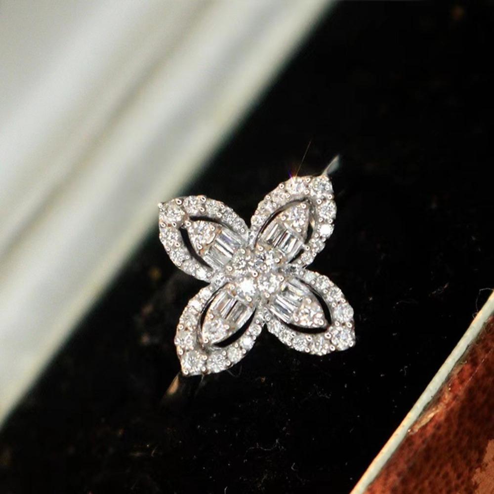 Women Jewelry Set Four Leaf Clover Necklace Diamond Ring Minimalist Stud Earrings
