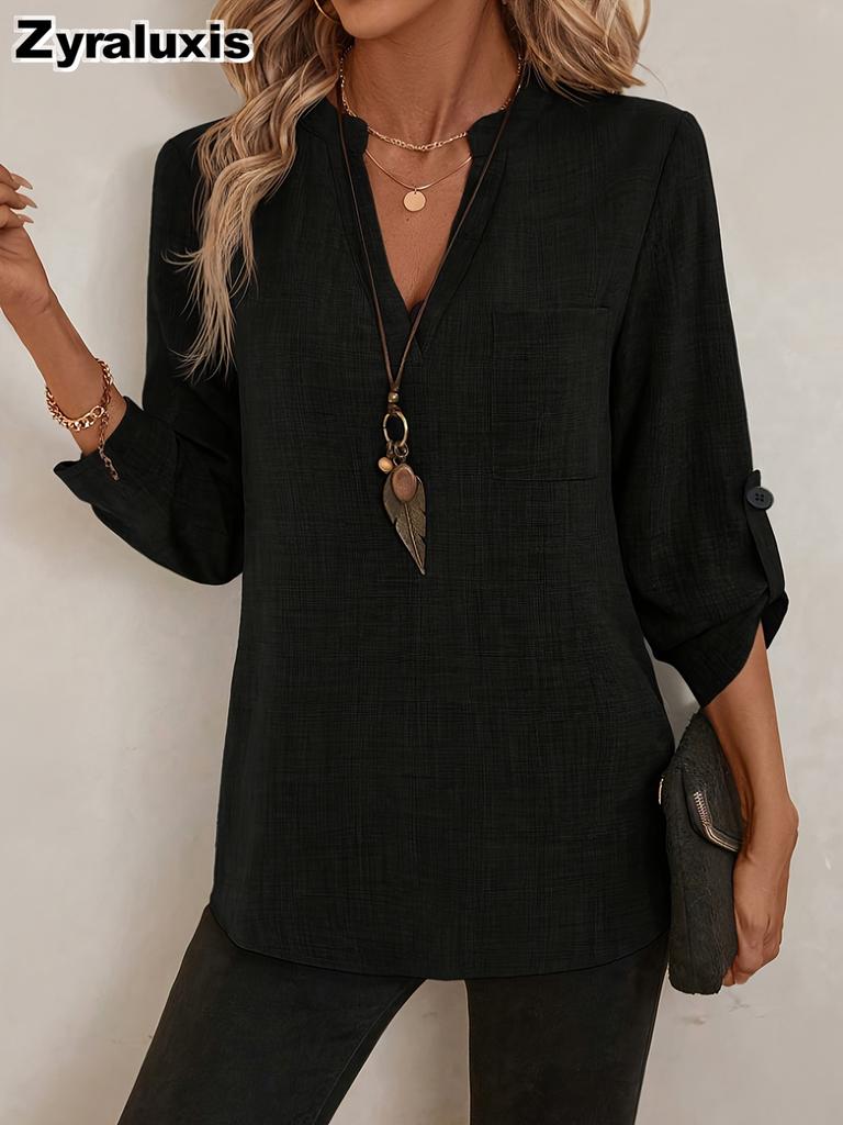 Spring/Summer Imported New Style Women's Shirt Casual Loose Oversized V-Neck Solid Color Blouse