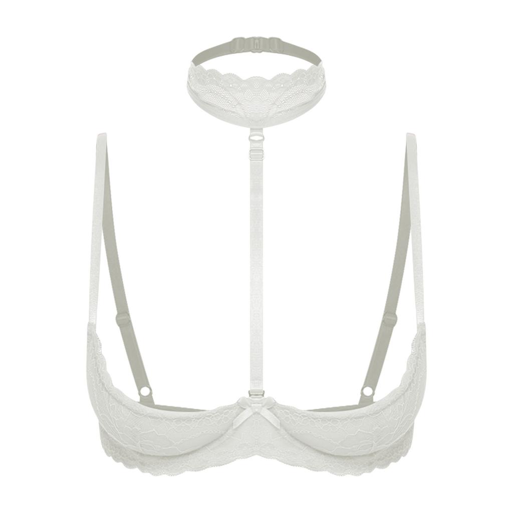 Damen 1/4 Cup Push-Up Ungefütterter Spitzen-BH Bügel-Balkonett-BH-Top Weiche Brustpolster Choker
