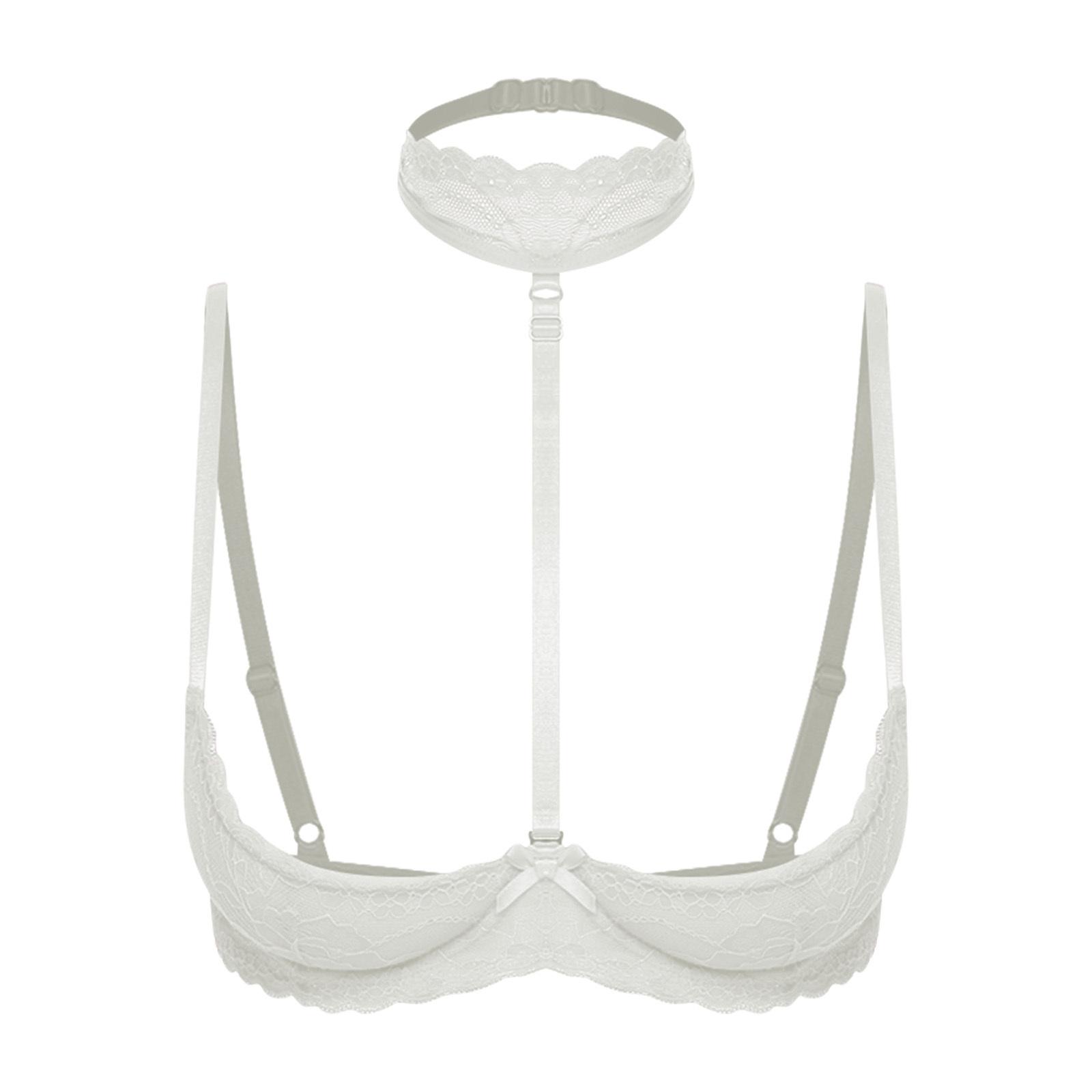 

Womens 1/4 Cup Push Up Unlined Lace Bra Underwired Balconette Bra Top Soft Chest Pads Choker 5XL білий