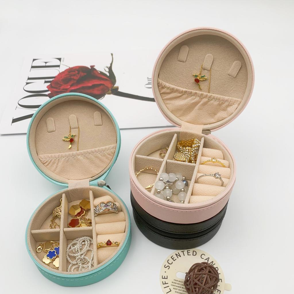 Cutie de bijuterii rotundă portabilă, coliere, cercei, inele, organizator de bijuterii, afișare de călătorie, cutie de bijuterii din piele PU, cutie de depozitare
