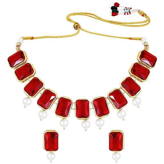 Peora Bijoux traditionnels Collier de perles de cristal Boucles d'oreilles Ensemble de bijoux pour femme