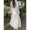 New White Bow Lace Puff Sleeve Shirt for Women Summer Design Pleated Strappy Shirt Women's Top Summer