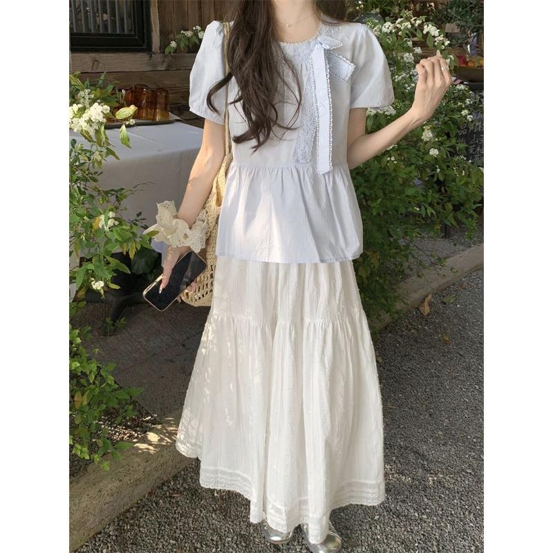 New White Bow Lace Puff Sleeve Shirt for Women Summer Design Pleated Strappy Shirt Women's Top Summer