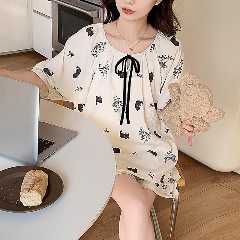 Women s Spring/Summer Cartoon Pajama Set - Short Sleeve & Shorts, Cute Cloud Cotton Lounge Wear with Round Neck XL-2XL