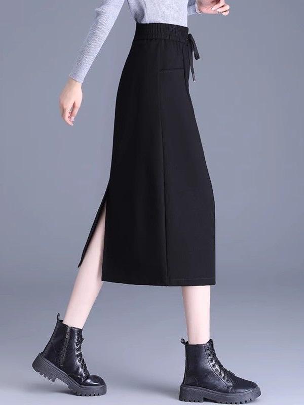 Trendy Solid Color Slit Midi Skirt for Autumn/Winter