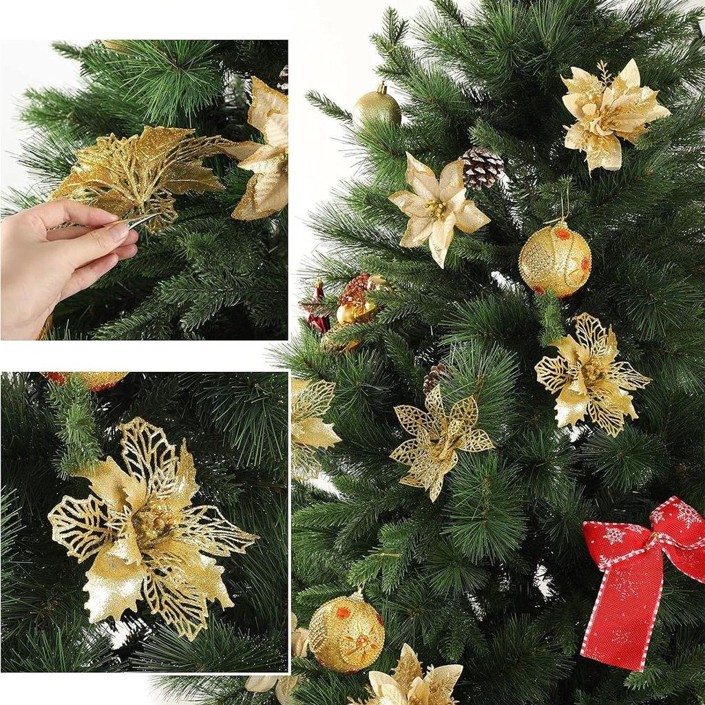 Handmade Christmas Tree Ornaments: Gold Powder Wreath & Flower Set