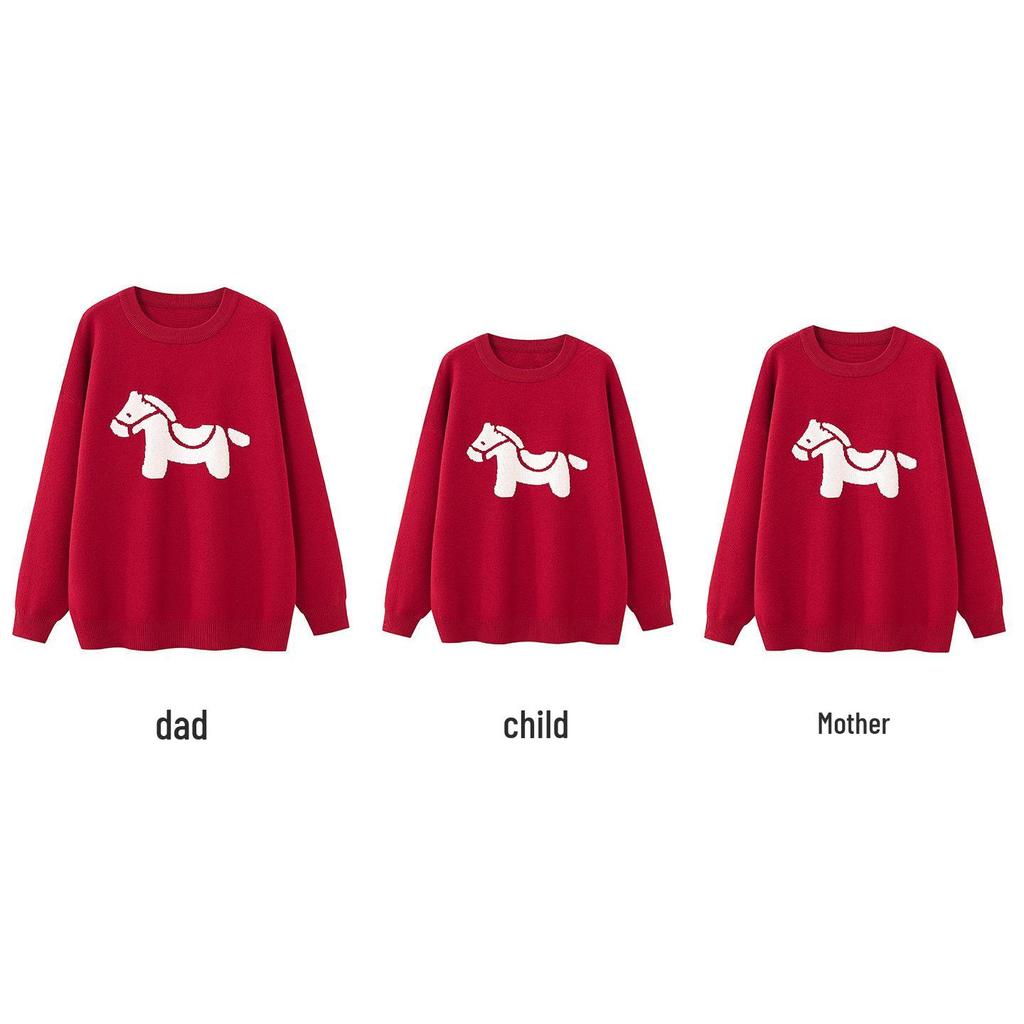 Red Year of the Rabbit Family Matching Long-Sleeve Hoodie Outfit for New Year - Available for Three or Four Members, Plus Velvet