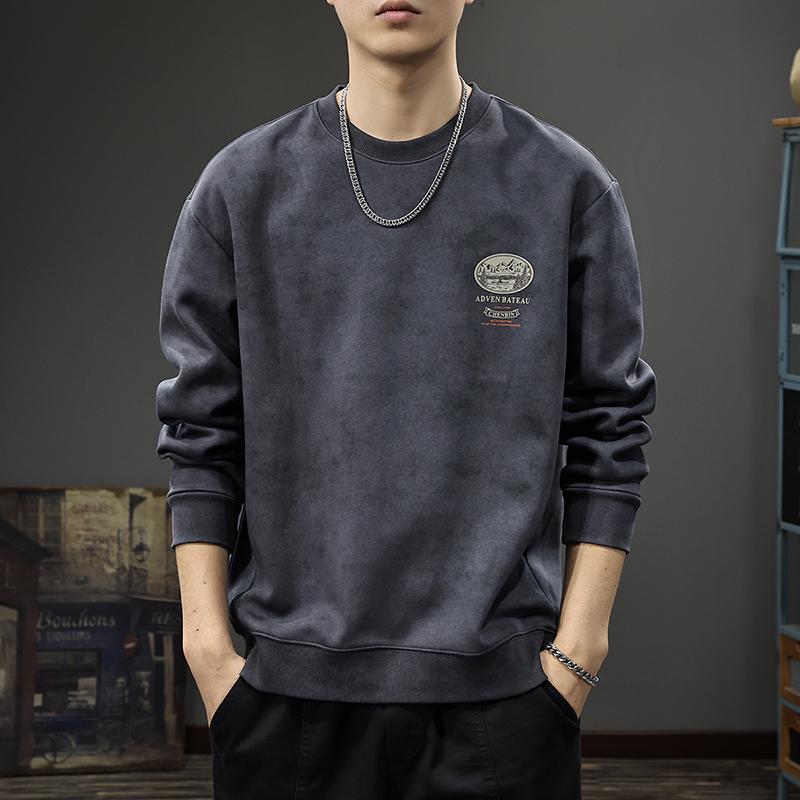 Men's Oversized Retro Mountain Print Hoodie - Autumn/Winter Round Neck Long Sleeve T-shirt