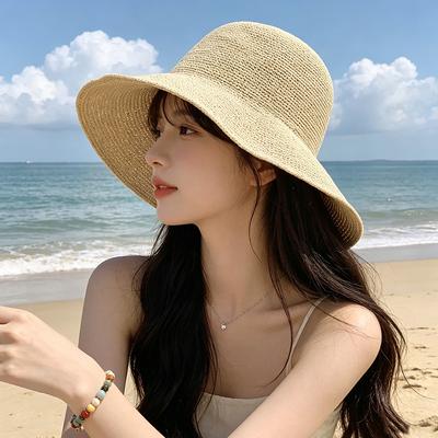 Women's Wide-Brimmed Straw Sun Hat Foldable Summer Fisherman's Hat Breathable Slimming for Outdoor Travel and Beach Use