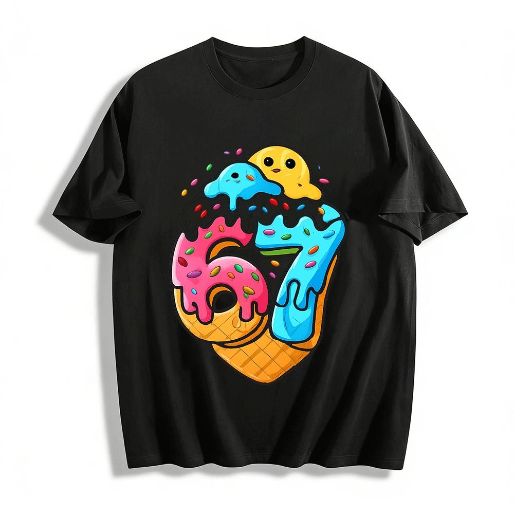 Cute No.67 Ice Cream Cone Print Casual Unisex Short Sleeve Pure cotton T-shirt XXS