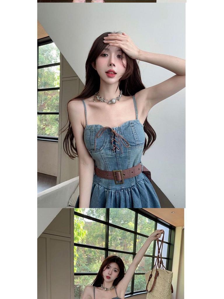 Stylish Plus-Size Strapless Denim Dress: Age-Reducing, Waist-Cinching Suspender Short Skirt for Summer