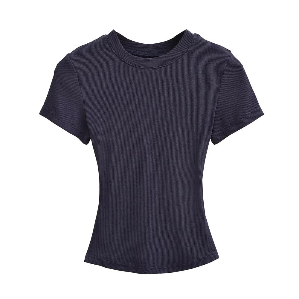 Trendy Women's Ribbed Slim Fit Short Sleeve T-Shirt with Sexy Round Neck and Straight Shoulders.