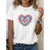 European Size Womens White Short Sleeve T-Shirt with Colorful Heart Graphic Print | Casual Daily Summer Top, Unisex, Everyday Outfit