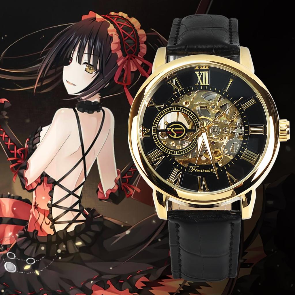 TeamSky Men's Mechanical Watch with Roman Numerals, Perfect for Tokisaki Kurumi and Tokisaki Kokukokutei Cosplay, Retro Hollow Mechanical Watch (Gold