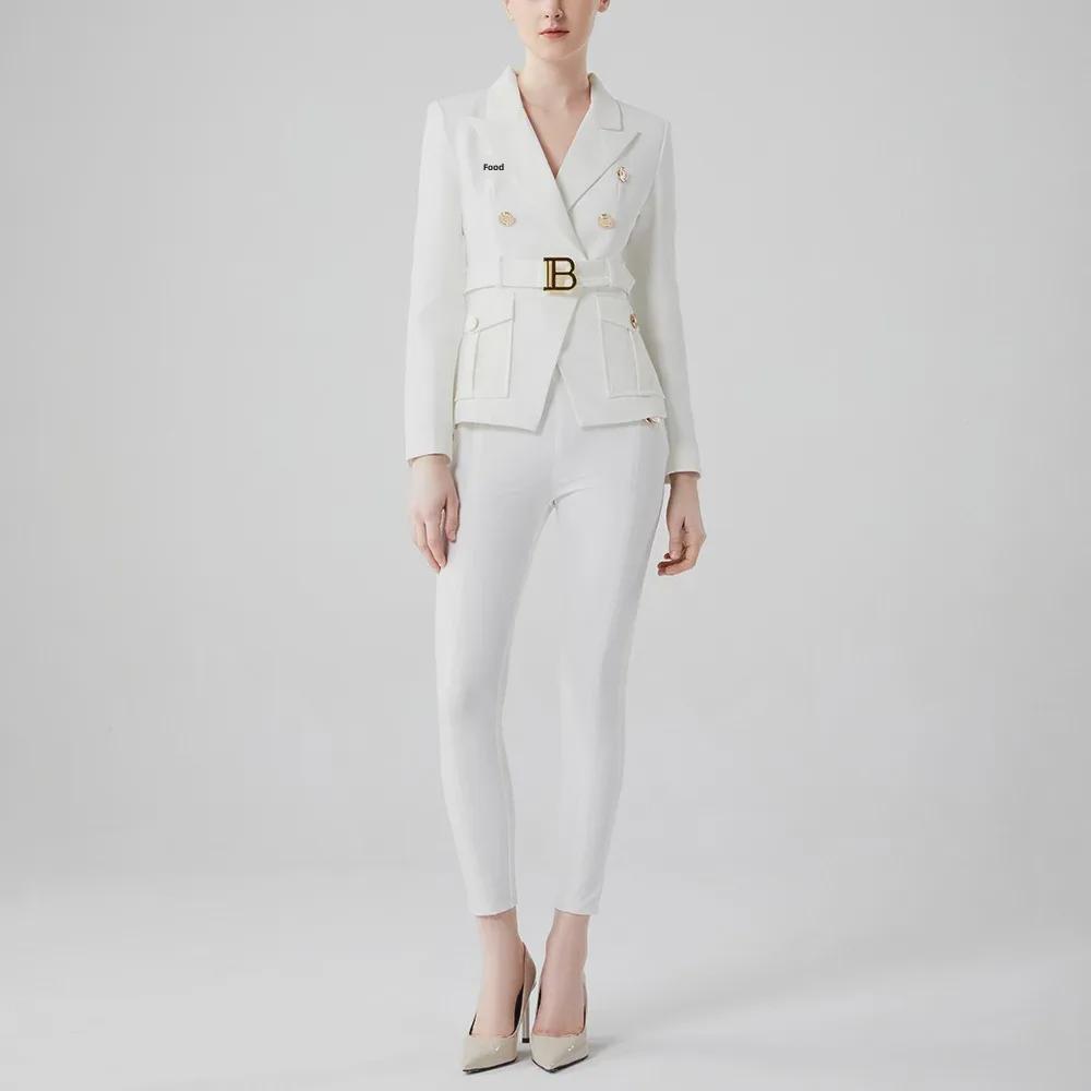 Chaqueta de Traje para Mujer Europea Ajustada Blanco y Negro con Hebilla Metálica