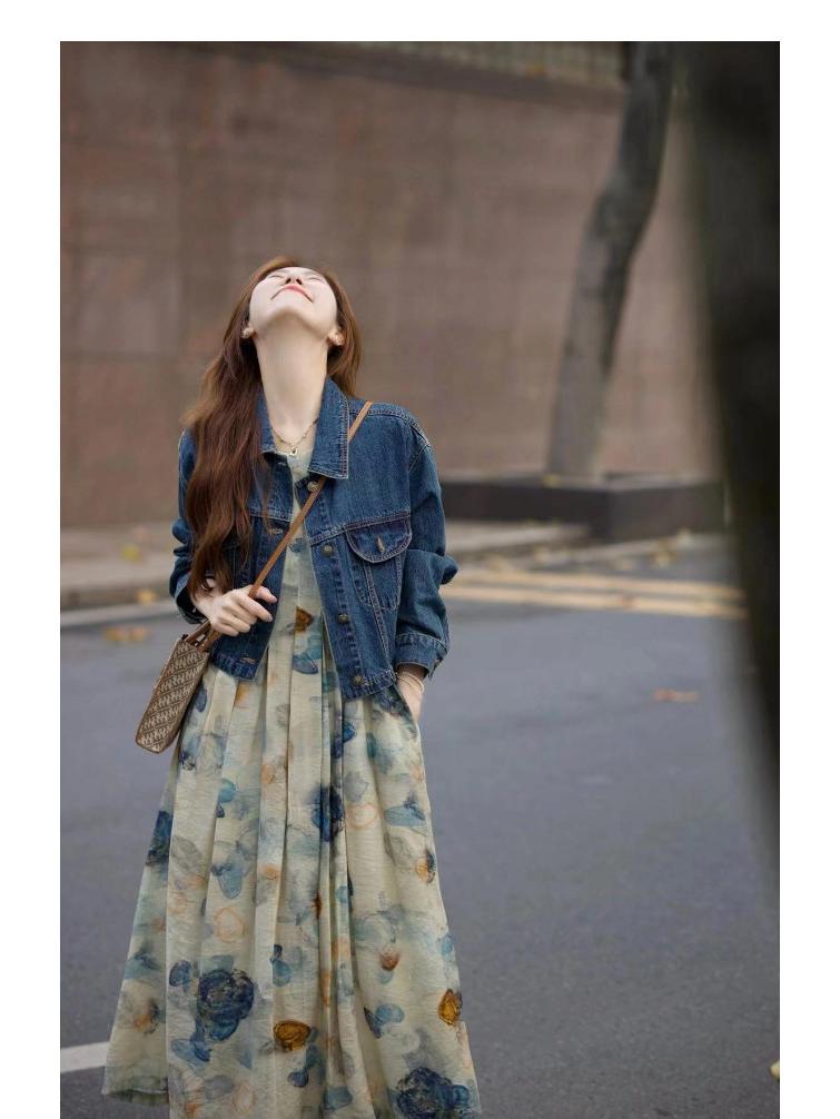 Spring 2025 Ink Print Dress & Denim Jacket Set - Age-Defying Fashion