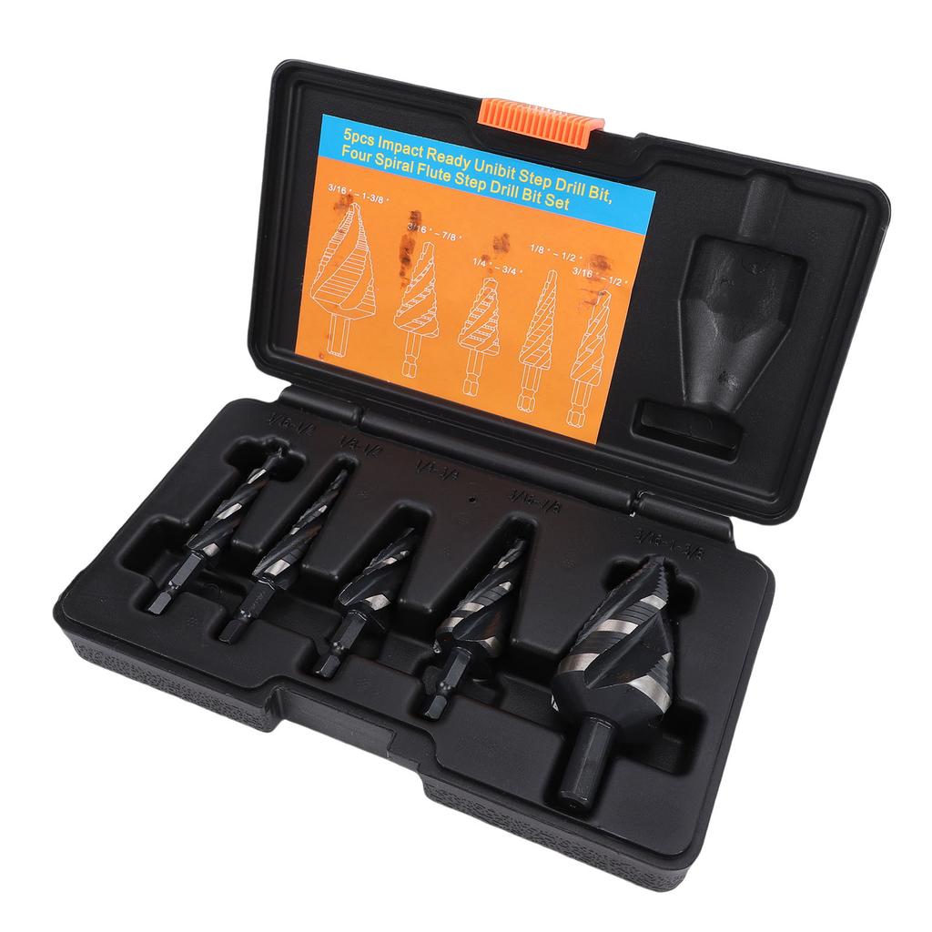 5Pcs Step Drill Bit Set 4 Spiral Flute HSS Bits 1 8in 1 3 8in with 1 4in 3 8in Hex Shank for Stainless Steel Aluminum