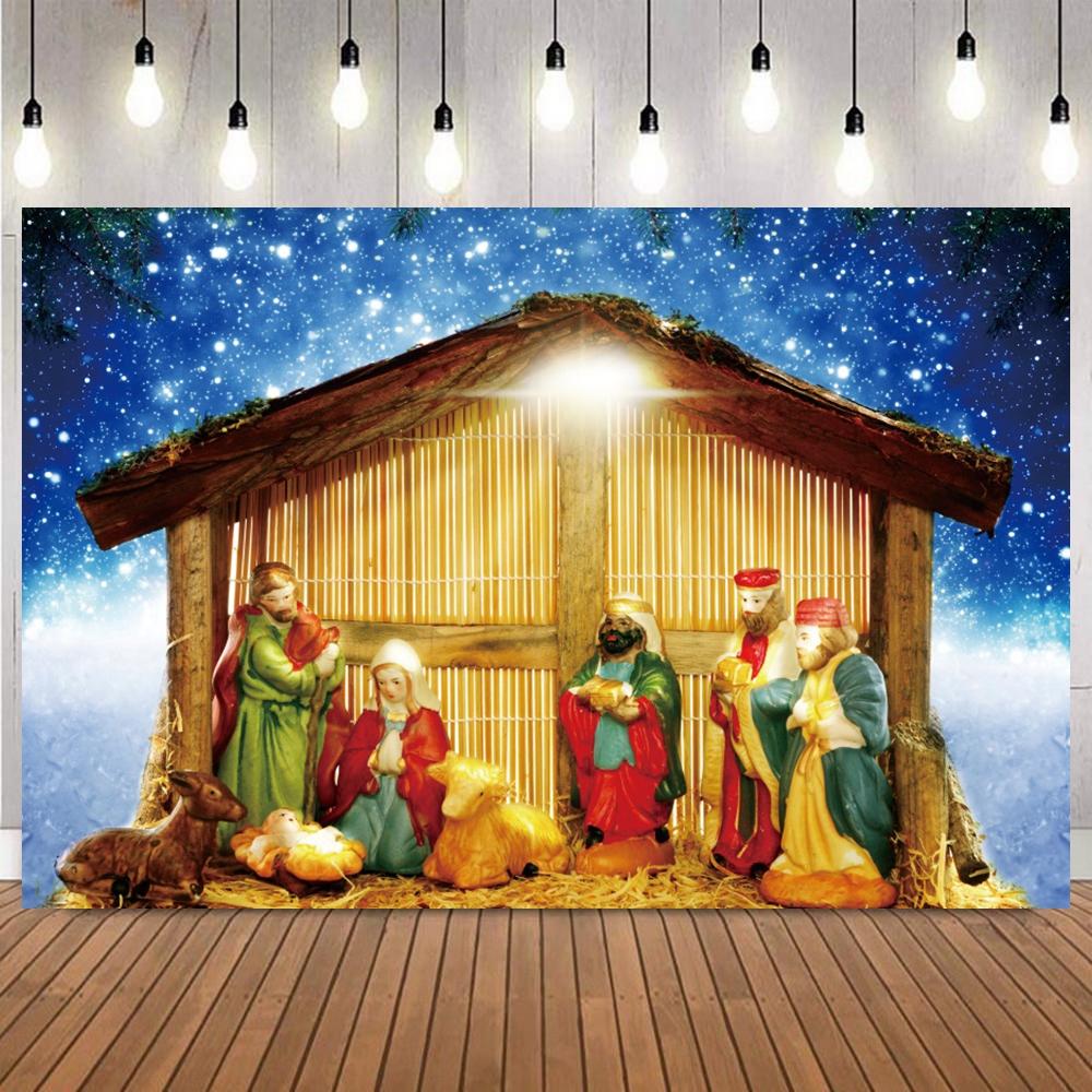 Merry Christmas Birth of Jesus Backdrop Starlit Sky Baby Shower Christianity Party Decor Supplies Banner Photo Background Prop11