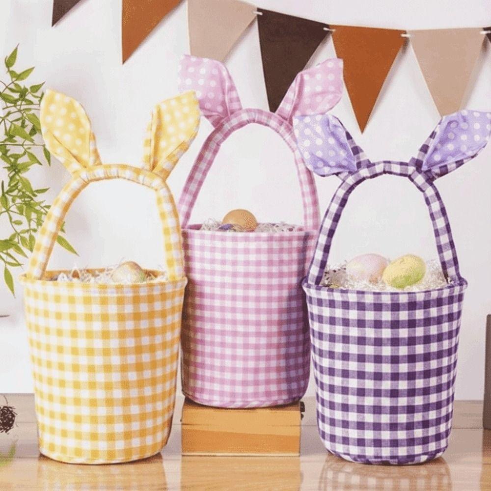 Grid Design Rabbit Ear Basket Breathable Material Plaid Pattern Easter Eggs Basket Bunny Ear Handle Moisture Resistant