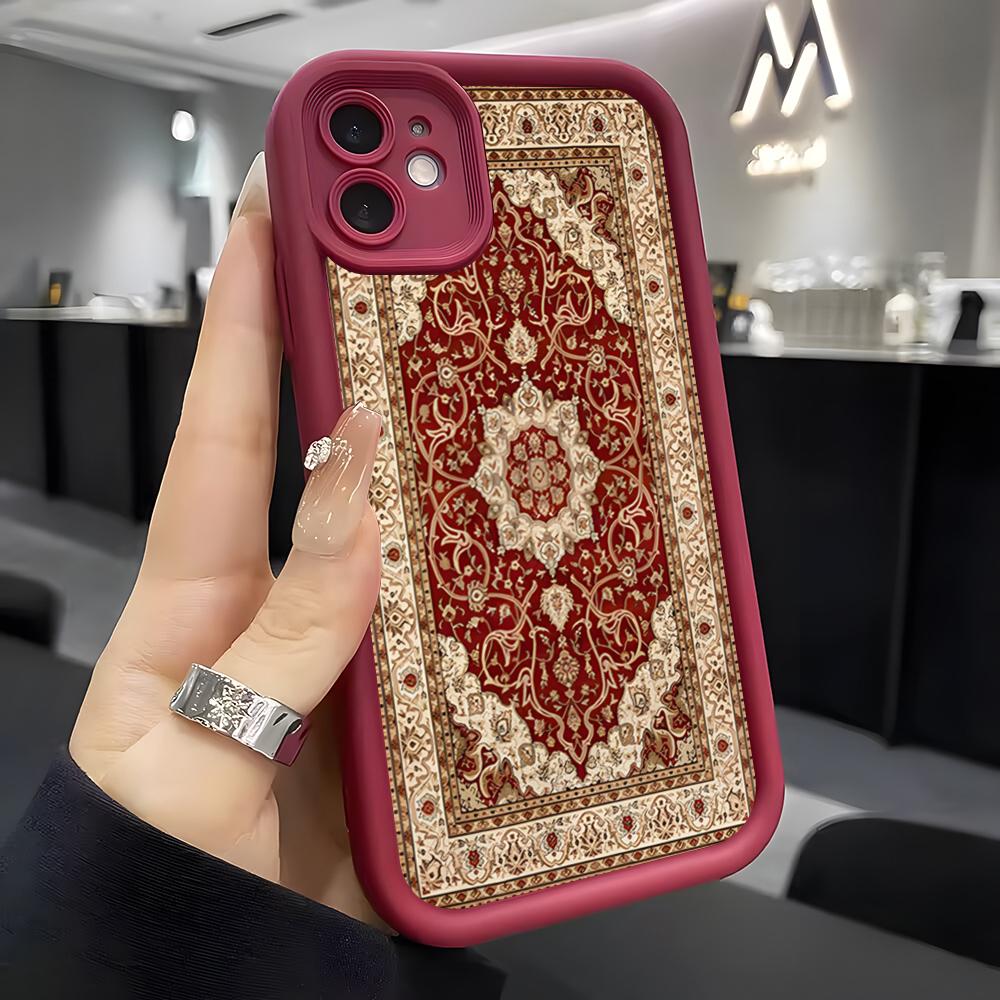 Arabic Carpet Pattern Phone Case For IPhone Air 17 Pro Max 16 E 15 14 Pro Max 13 12 11 Mini Plus Soft Silicone Wine Red Cover