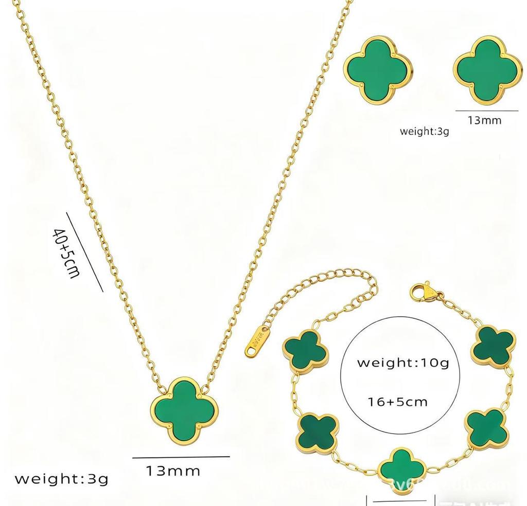 13mm Vierblättriges Kleeblatt Titanstahl Schmuckset: 18K Armband, Halskette, Ohrringe