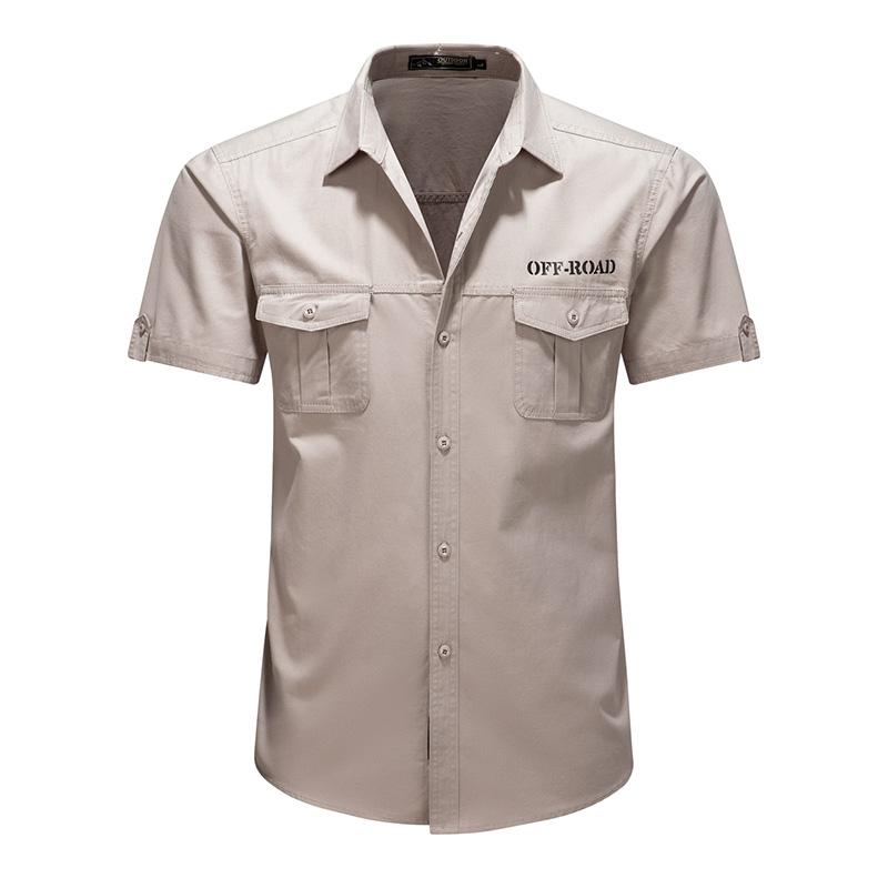 Casual Work Shirt Mens Solid Color Turn Down Collar Double Pocket Short Sleeve Casual Work Shirt