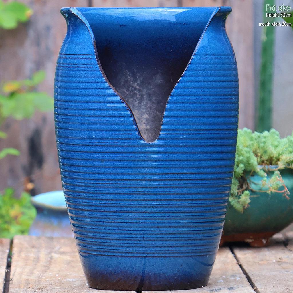 Handmade Coarse Pottery Wide-Mouth Flower Pot - Ceramic Zisha Succulent Planter with Rustic Cut-Edge Design for Chlorophytum