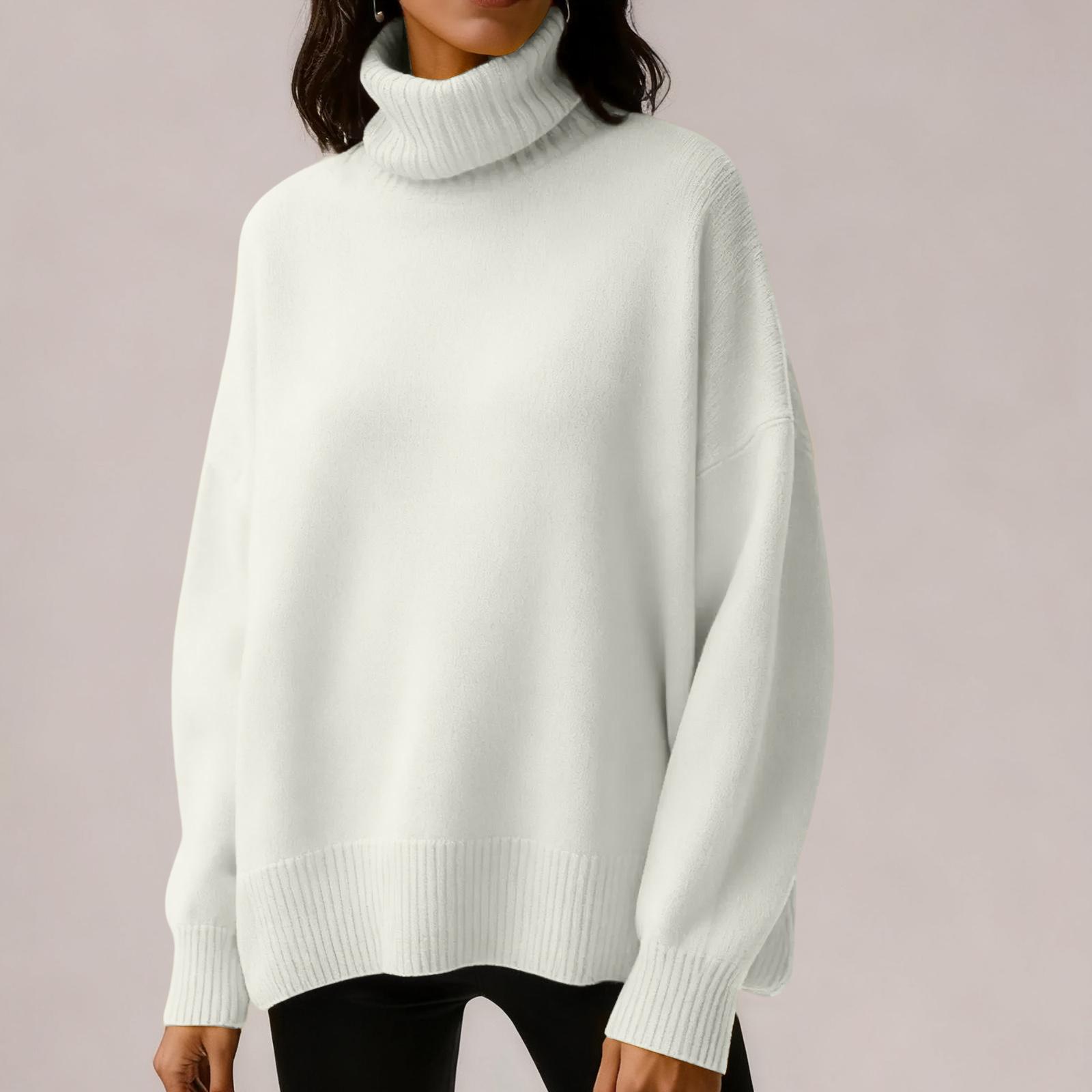 

Women s Solid Color High Neck Pullover, Solid Color Loose Knit Sweater L белый