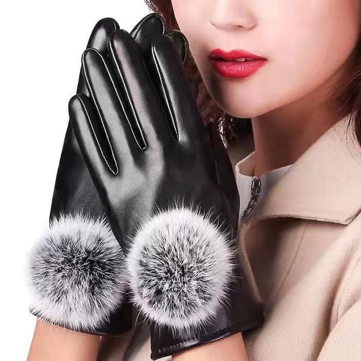 

«Женские черные перчатки для сенсорных экранов из искусственной кожи с бархатной подкладкой и меховыми подушечками из кролика» one size чёрный