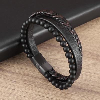 Natural Stone Volcanic Rock Men's Multi-Layer Leather Woven Bracelet