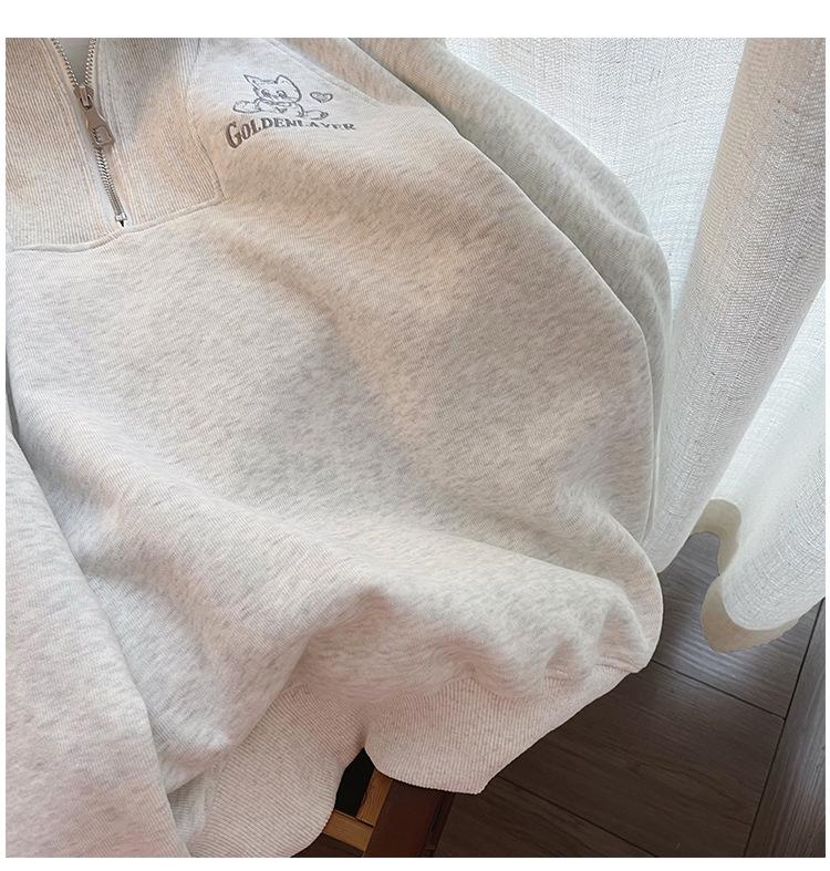 Women's Retro Turn-Down Collar Zipper Hoodie - Spring/Autumn Loose Lazy Style Pullover Top