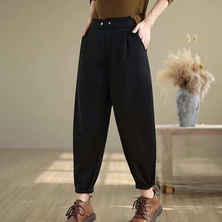 Plus Size Versatile Black High-Waisted Harem Pants - Stylish, Tummy Concealing, Slimming, Loose-Fit Carrot Design