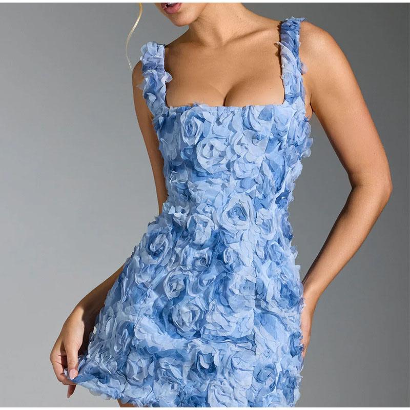 Summer 2025 Sexy Square Collar 3D Flower Slim Fit Sleeveless Strapless Short Dress Fashionable Women's Clothing Mini Dresses