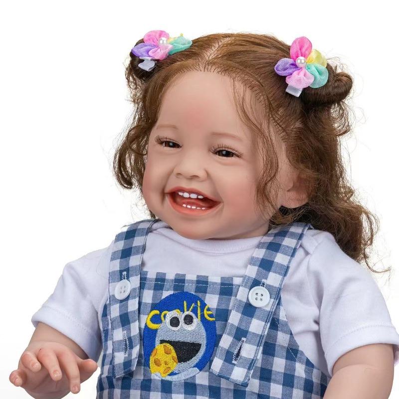 Lebensechte Reborn-Puppe Mila mit bemalter 3D-Haut, 60 cm, Stoffkörper mit PP-Baumwolle, Simulationspuppe, echt aussehende, glücklich lächelnde Babypuppen für Kinder, Weihnachtsgeschenk