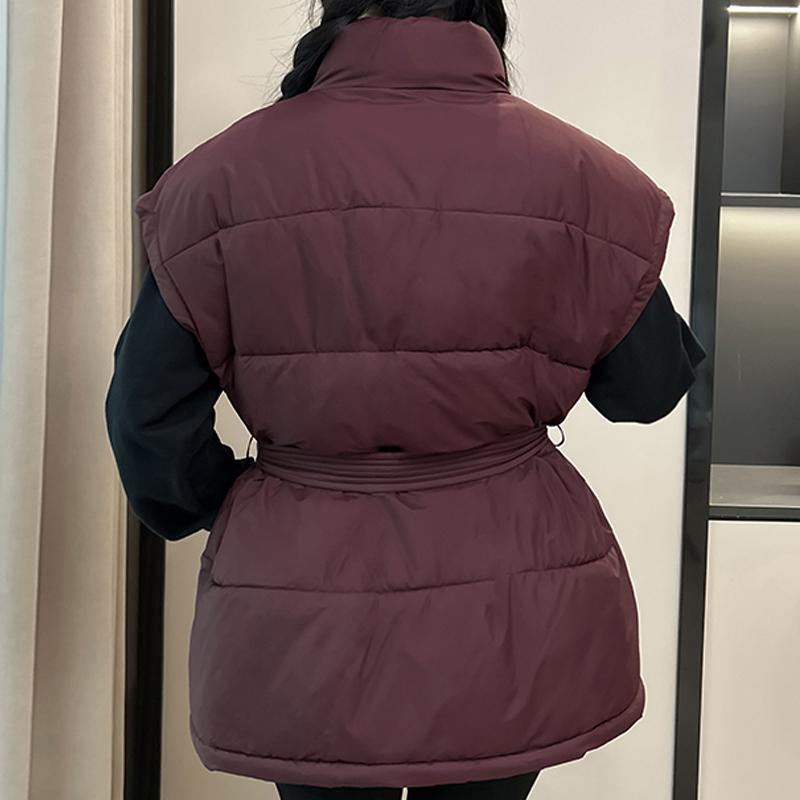 Fashion Winter Warm Vest Woman Outerwears With Belt Sleeveless Parka Casual Thick Women's Jackets