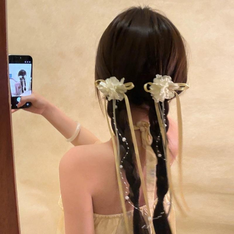Spring New Chinese Headdress Floral Ribbon Ballet Style Bow Fringed Streamer Decorative Hairpin