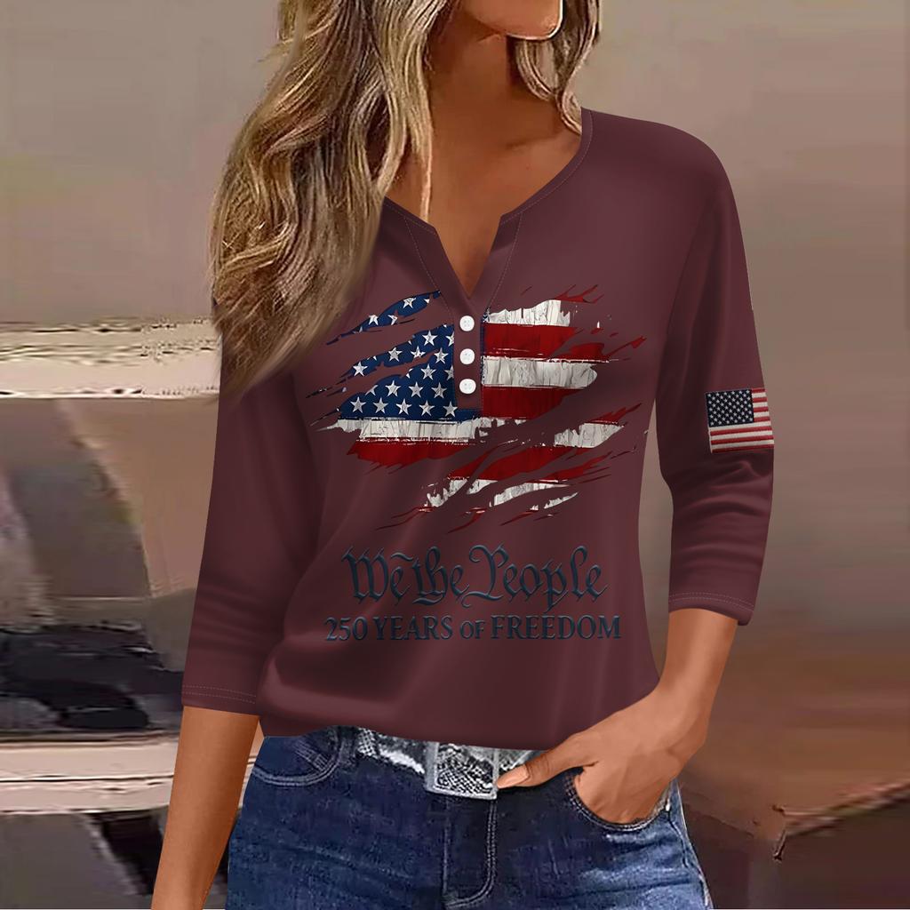Women's T Shirt Independence Day Print Button 3/4 Sleeve Daily Weekend Fashion Basic V- Neck Regular Top