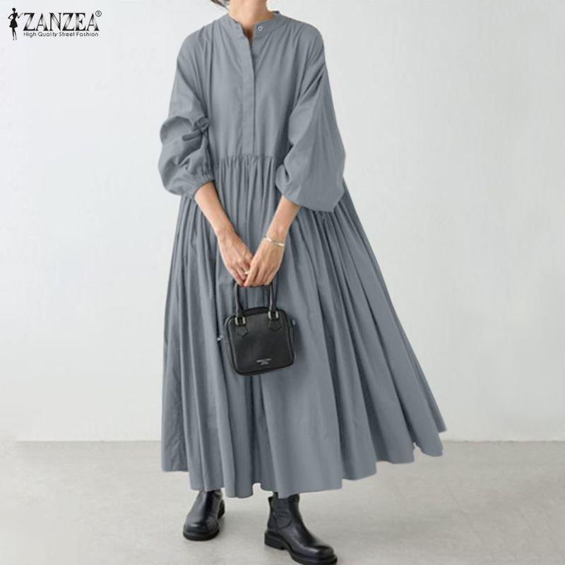 

ZANZEA Женское повседневное платье с круглым вырезом, однотонное, свободного кроя, с длинным рукавом XL серый