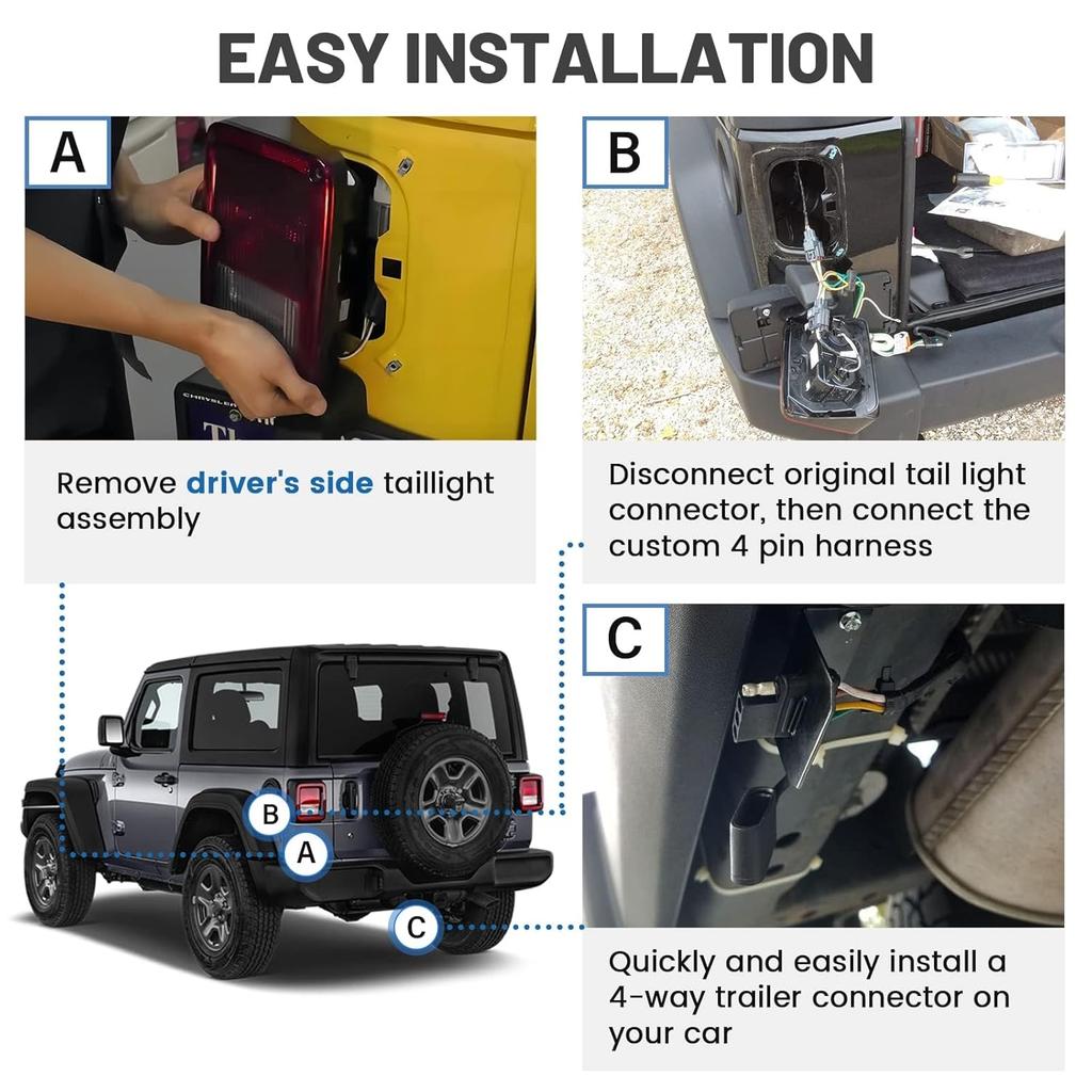 MECMO 4-Pin Trailer Wiring Harness For Jeep Wrangler JK JKU 2007-2018, Tow Hitch Wiring For Rubicon Sahara Sport Unlimited 2-Door 4-Door Trailer