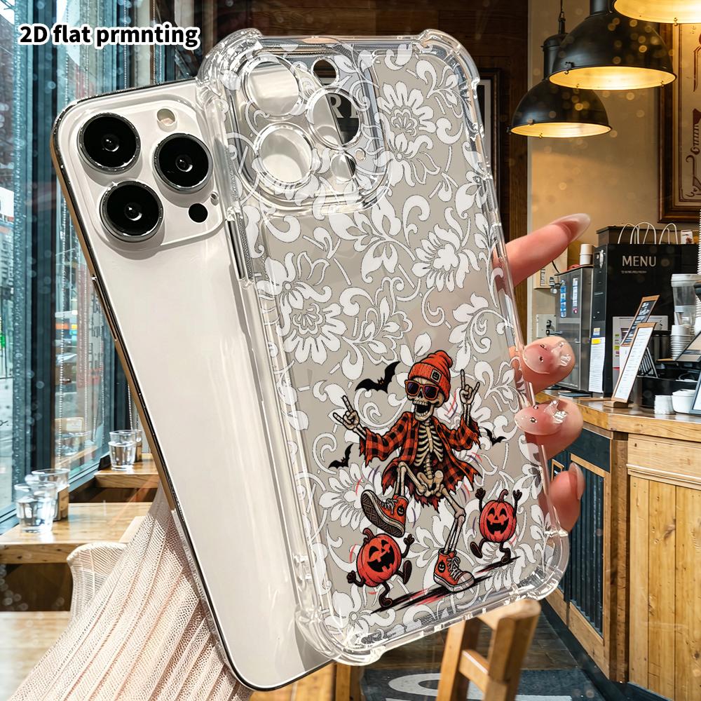 Phone Case: 2D Flat, Fits iPhone 18 17 16 15 14 13 Pro, Transparent Four Corner Protection, Rock Skull, Christmas and Halloween Gift