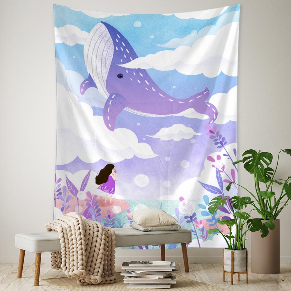 Cartoon Whale Tapestry Wall Hanging Kawaii Boho Psychedelic Witchcraft Art Aesthetic Room Home Decor