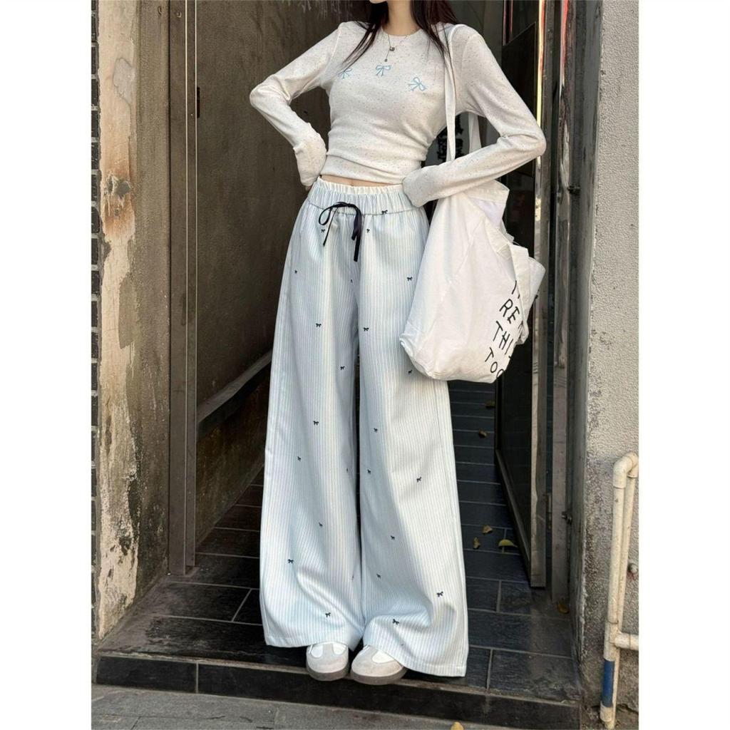 Korean Blue Striped Wide-Leg Women's Pants - Spring/Summer 2026 New Design Long Casual Pants
