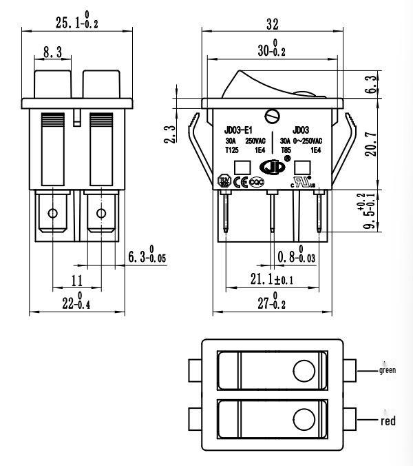 KCD3 Dual Rocker High Current Switch for Griddles/Heaters, 30A/50A, 125V/250V