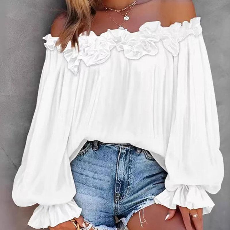 

Autumn new style elegant style casual ruffled one-shoulder strapless long-sleeved shirt feminine ladies commuter all-match temperament top SF437 S білий