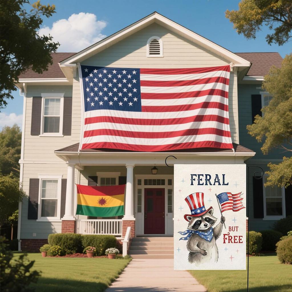Feral but free 4th of July Garden Flag 12x18 Inch Double Sided Outdoor Independence Day Patriotic American Funny Opossum Hol