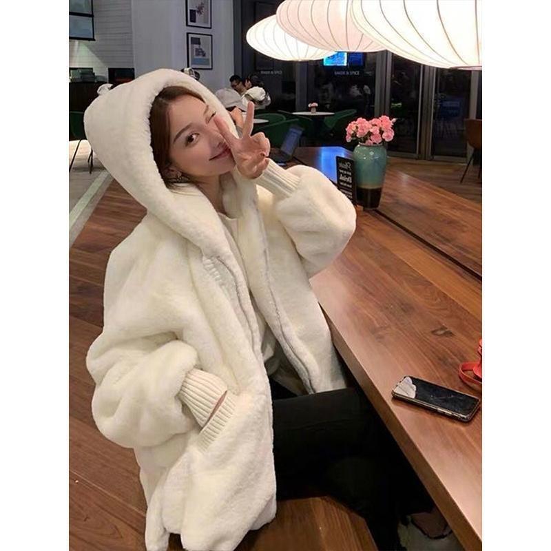 Winter Women's Loose Hooded Cotton Thickened Medium and Long Imitation Rose Rabbit Fur Jacket Imitation Fur Coat Sweater