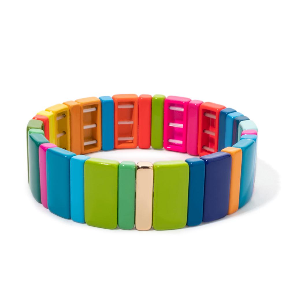 New Fashion Deil Eye Enamel Bangle for Women Colorful Beaded Boho Rectangle Shape Hand Accessory